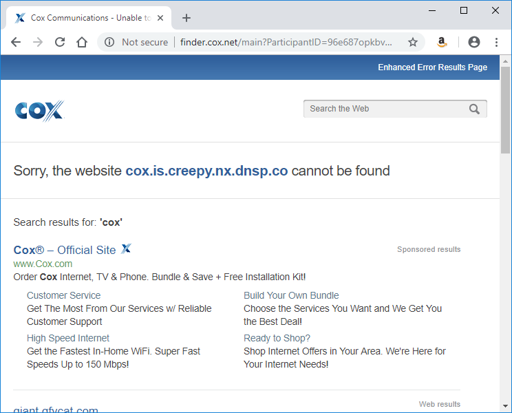 Screenshot of Cox Communications abusing NX responses to serve advertising.